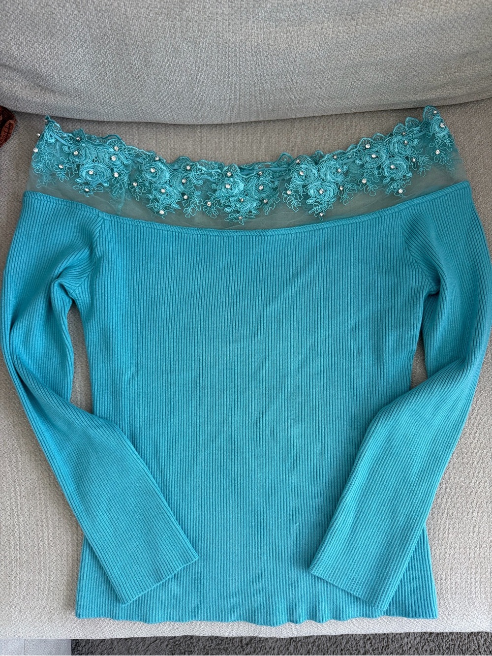 Boston Proper Teal Off-Shoulder Ribbed Sweater with Lace Appliqué
